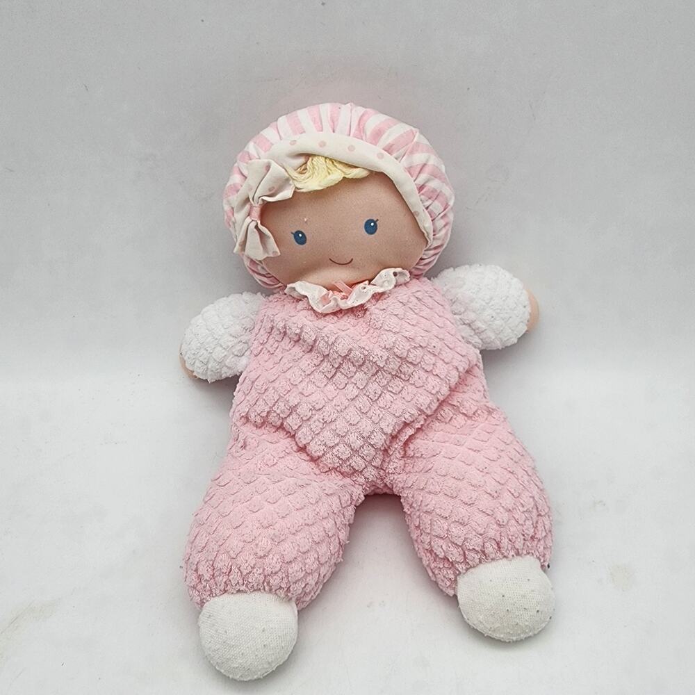 Vintage Eden Pink Waffle Terry Cloth Plush Doll Toy Lovey 9" Blue Eyes Bonnet